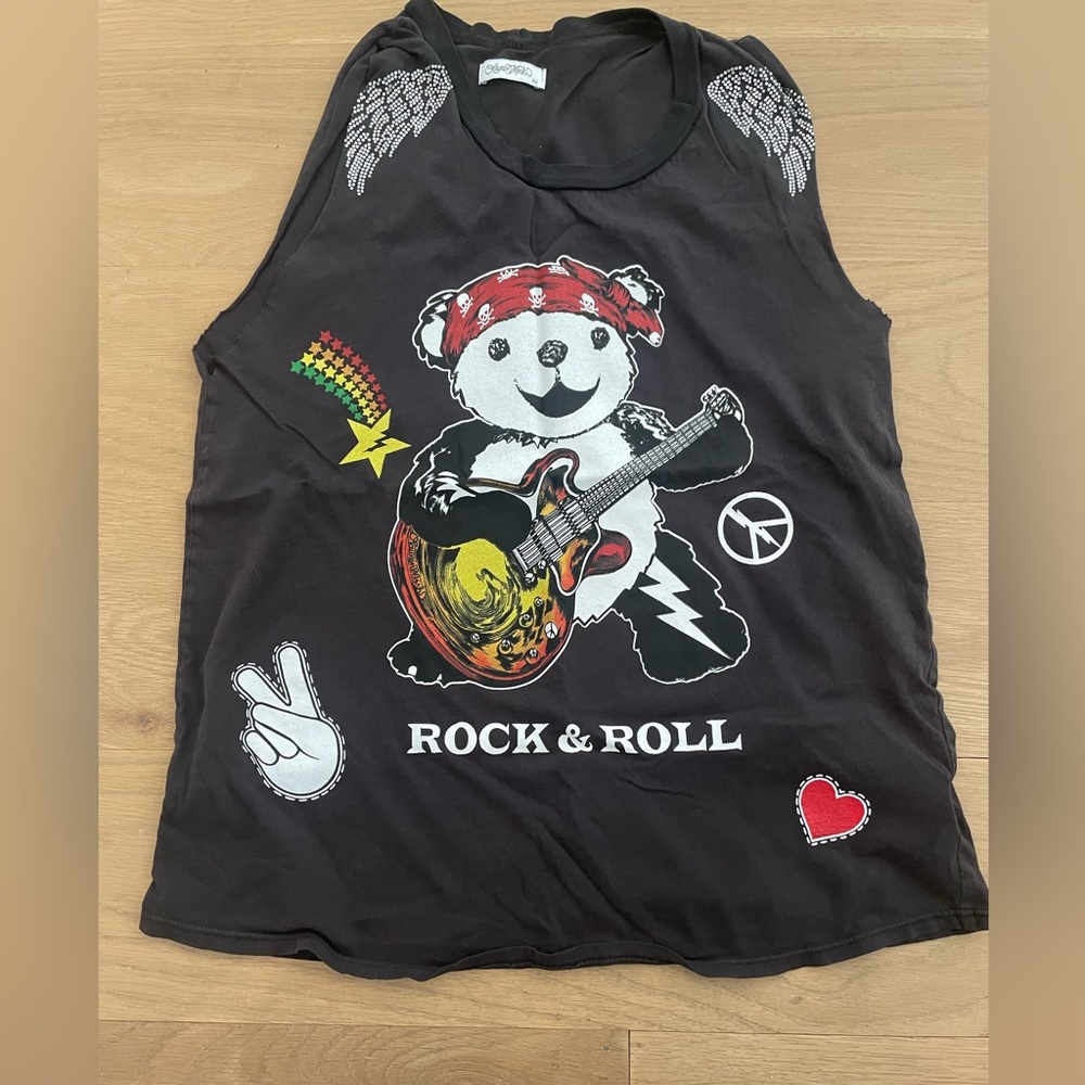 Lauren Moshi Black Rock & Roll Bear Tank with Multicolor Graphic